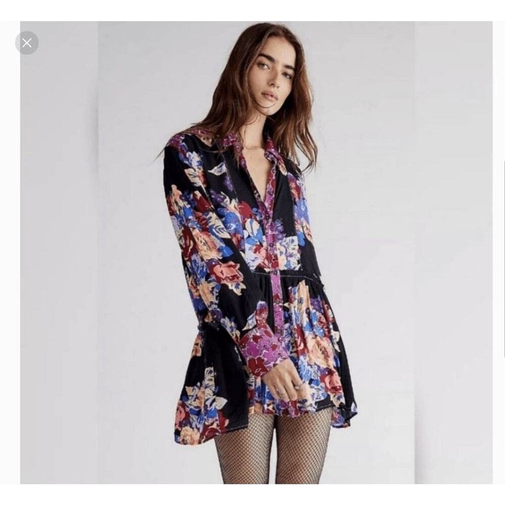 Free People Black Multicolor Floral Button-Down Tunic